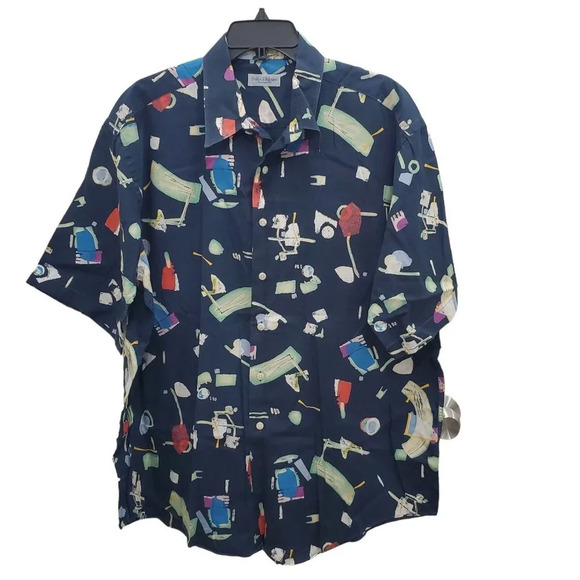 Bullock & Jones Men's Vintage Navy‎ Abstract Button Up Sports Shirt USA Made XL - Picture 1 of 5